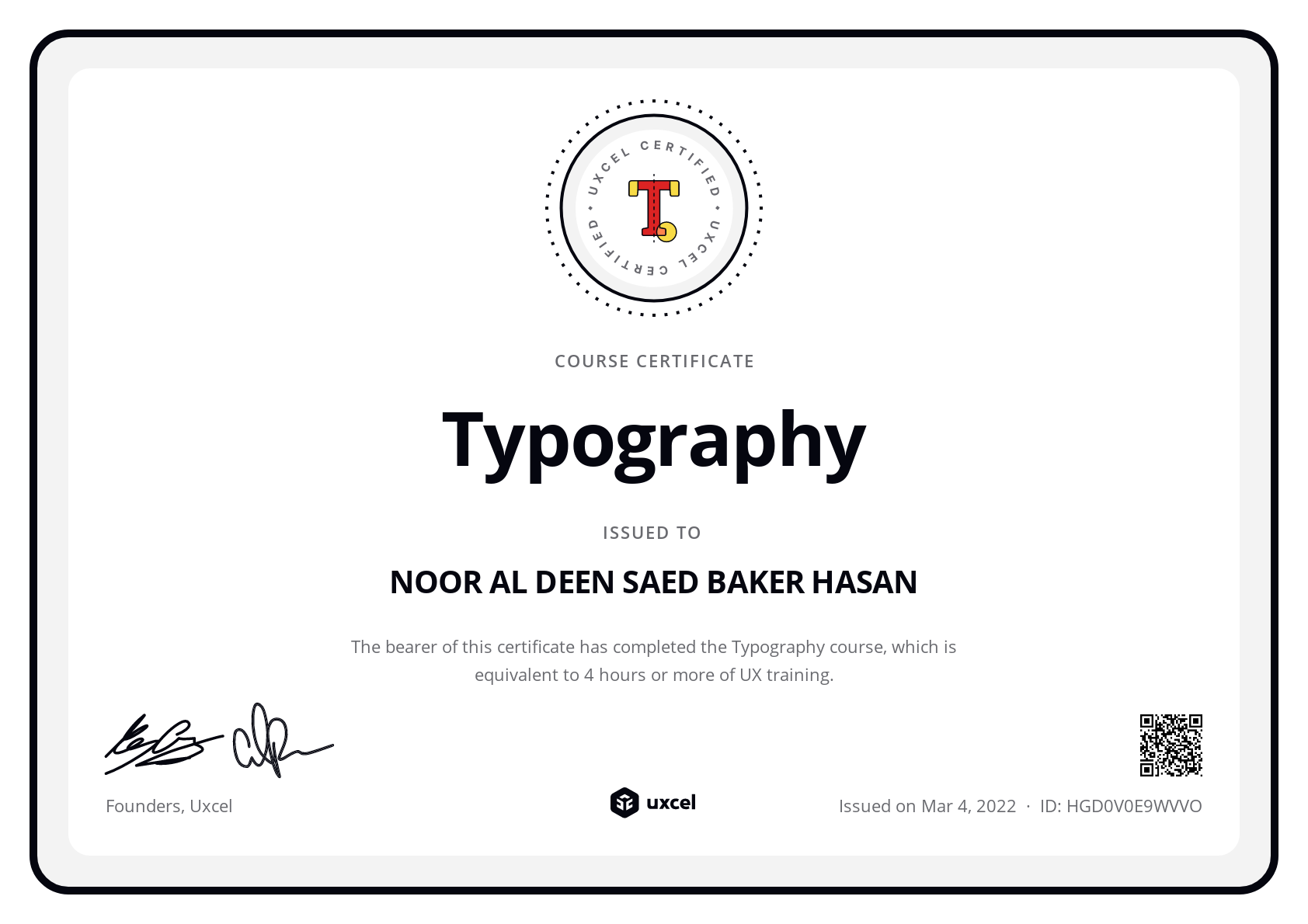 NOOR AL DEEN SAED BAKER HASAN's certificate